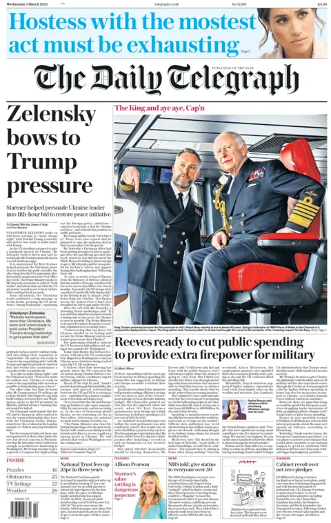 The headline on the front page of the Daily Telegraph reads: "Zelensky bows to Trump pressure."