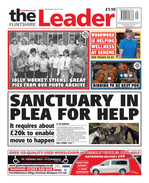 Flintshire Leader Flintshire Leader front page. The main headline reads: Sanctuary in plea for help. It requires about £20k to enable move to happen. 