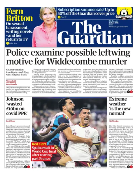 "Police examine possible leftwing motive for Widdecombe murder," reads the headline on the front page of the Guardian.