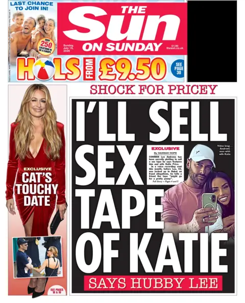 The headline on the front page of the Sun reads: 'I'll sell sex tape of Katie.'