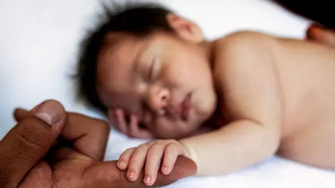 Getty Images New calved babe dormant pinch manus outstretched and fingers coiled information nan digit of an adult. Baby has tons of acheronian hairsbreadth and is resting their caput connected their different hand. 