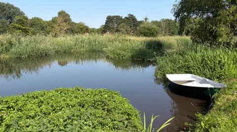 SunflowerDeb16/BBC WEATHER WATCHERS A narrow, still river winds through dense green vegetation, the water so calm it looks like glass. On the right side, a small white rowboat rests partly on the bank, as if someone gently pulled it ashore and wandered off for a moment. 