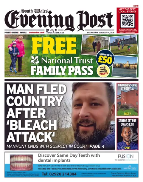 South Wales Evening Post South Wales Evening Post front page. Headline is: Man fled country after 'bleach attack'