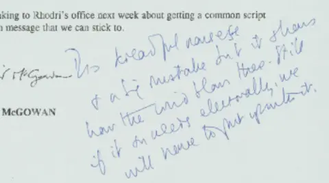 Crown copyright A close-up of Tony Blair's handwritten note calls Rhodri Morgan's words "dreadful nonsense, a big mistake," but "if it succeeds electorally, we will have to put up with it"