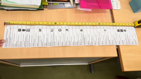 Clacton by-election ballot paper shown on a table next to an extended tape measure for scale 