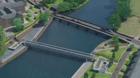 A digital animation shows a footbridge and a traffic bridge over a river from above. 