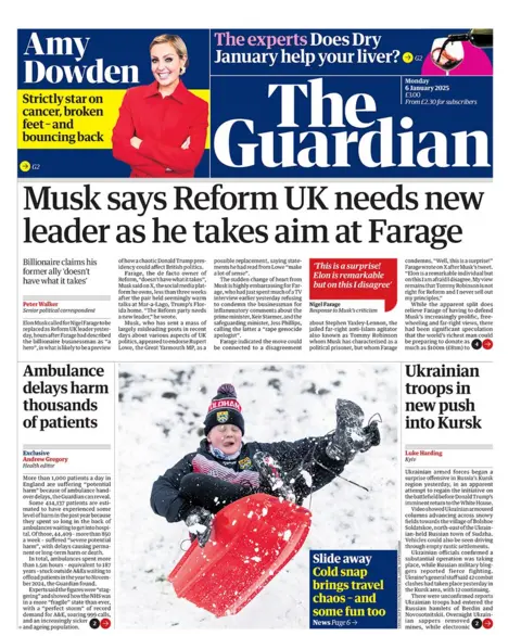 The headline in the Guardian reads: "Musk rays Reform UK needs new leader as he takes aim at Farage"