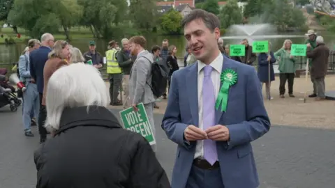 Shaun Whitmore/BBC Adrian Ramsay in Diss meeting constituents in Diss