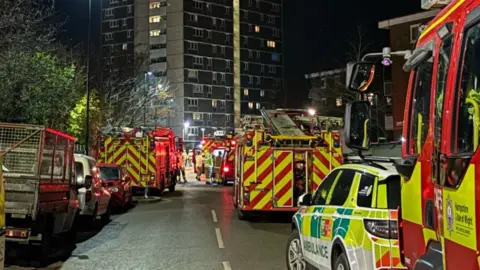 Hampshire & Isle of Wight Fire & Rescue Service High rise tower fire on the 18th floor - ten fire engines and one ambulance at the scene.