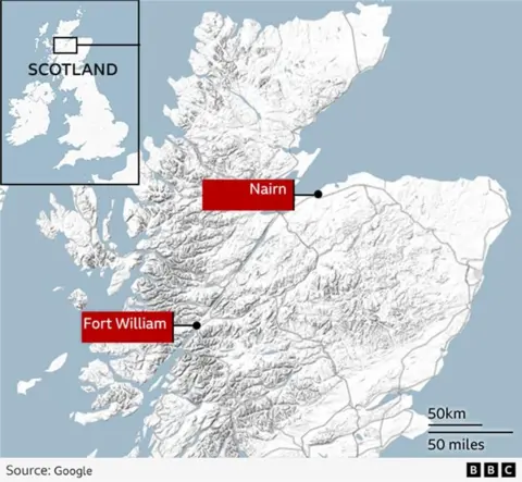 A map of Scotland showing the locations of Nairn and Fort William.
