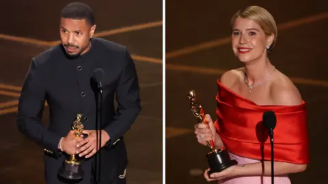 Splitscreen. Left, Michael B Jordan. Right, Jessie Buckley. 