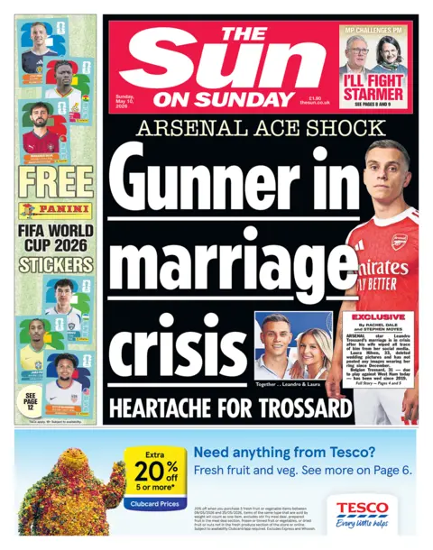 "Gunner in marriage crisis" reads the headline on the front page of the Sun on Sunday.