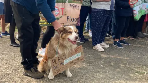 A dog with a sign around its neck that reads: "Please don't take my adventure away!"