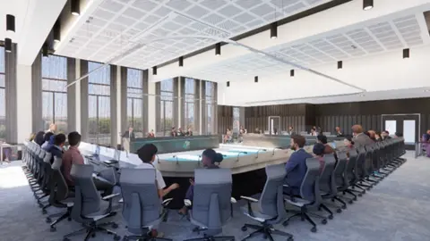 Newry, Mourne and Down District Council A sketch of the inside of the new civic centre with lots of people sitting around a table in a bright refurbished room.
