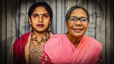 A younger version of the same woman stands beside her older self.
The younger self wears a red and gold embroidered outfit with jewellery, while the older self wears glasses and a pink patterned top, with faint larger copies of both images behind them.