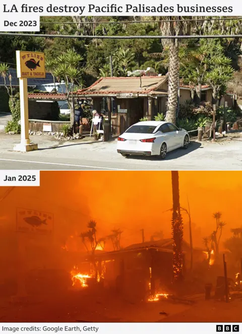 A graphic shows a Pacific Palisade business before and after it was destroyed by fire