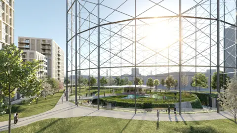 Southwark Council Artist’s impression showing the interior of the historic gasholder transformed into a public park, with a circular pond at its centre, people walking along paths, trees and green space, and new housing visible around the site.