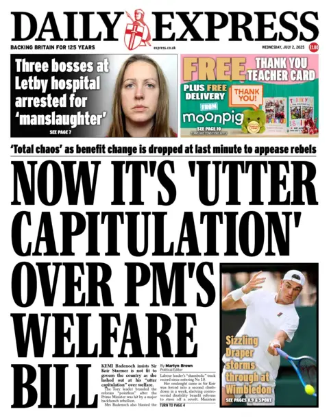 "Now it's 'utter capitulation' over PM's welfare bill" reads the headline on the front page of The Times.