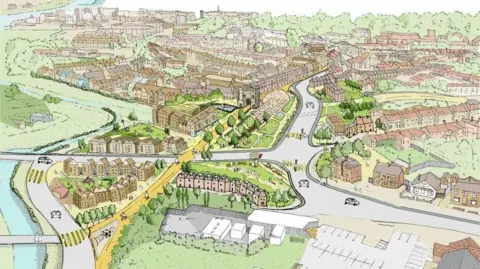 West Norfolk Council An artist's impression showing how the Southgates area of King's Lynn was due to be improved, showing the road network and homes in the town