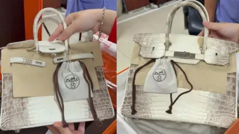 A composite image of two white Birkin handbags.