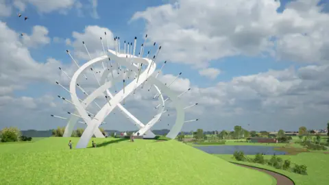 Star of Caledonia Trust An artists impression of a large steel winding sculpture with long spikes sticking out at at angles, showing people standing at the base. Landscaped gardens and a lochan can be seen the background