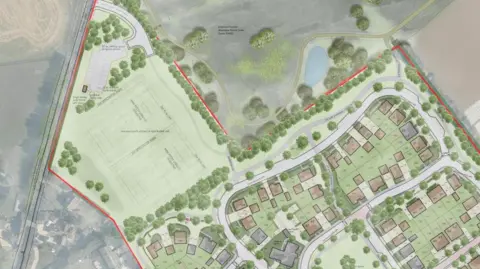 Guildford Borough Council planning documents/Ptarmigan Land, Bewley Homes & FA Secretts Ltd An aerial site map of the 200-home development superimposed onto existing land