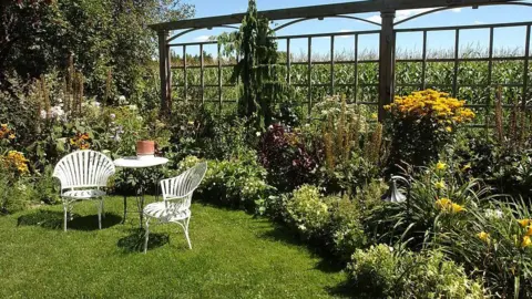 Getty Images A garden with two chairs and a small table. There is a variety of plants surrounding the furniture.
