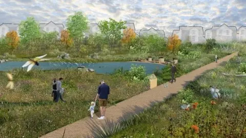 A drawing of part of the park after construction, a path next to water, wildflowers and insects, people walk through the area