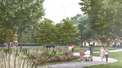 Hertsmere District Council A computer generated impression of a proposed mixed-use development. The scene depicts a modern, green space with wide pedestrian walkways.