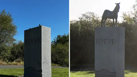 Google Two pictures next to each other showing the empty plinth on the left, and the statue in position on the right.