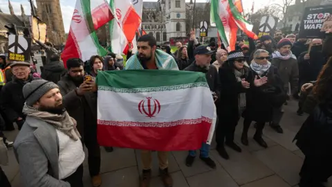 Getty Images A number of people at a protest rally. Mothin Ali stands to the side of a man holding out a large iranian flag.