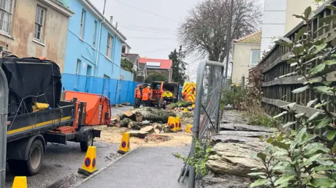 Workmen stand around a wood chipper after cutting down trees along a road in Falmouth. Cut up pieces of the trees are on the road, which has been fenced off.