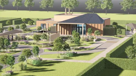 Grupo Westerleigh. Impresión que muestra cómo podrían verse el Crematorio y Jardines Conmemorativos de North York, en Sand Hutton, North Yorkshire. Hay un amplio jardín frente a la entrada de la capilla, con árboles, flores y setos.