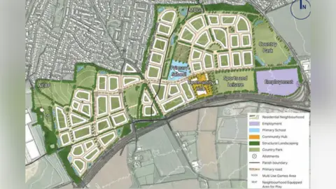 Bidwells/Larkfleet Ltd A CGI image from a bird's eye of what the proposed development could look like. It shows a large area where new homes will be built and there are areas marked out and name for the likes of sports pitches, parks, schools and more. 