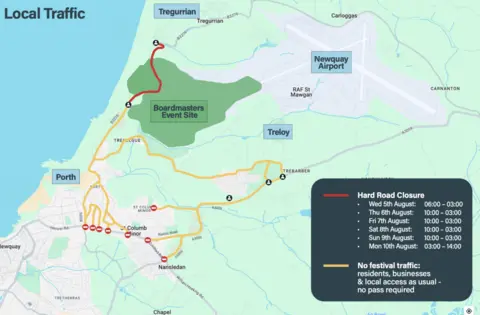 Boardmasters Festival A map showing roads running through the Newquay and Watergate Bay area, with full road closures marked in red and local non-festival routes marked in yellow.