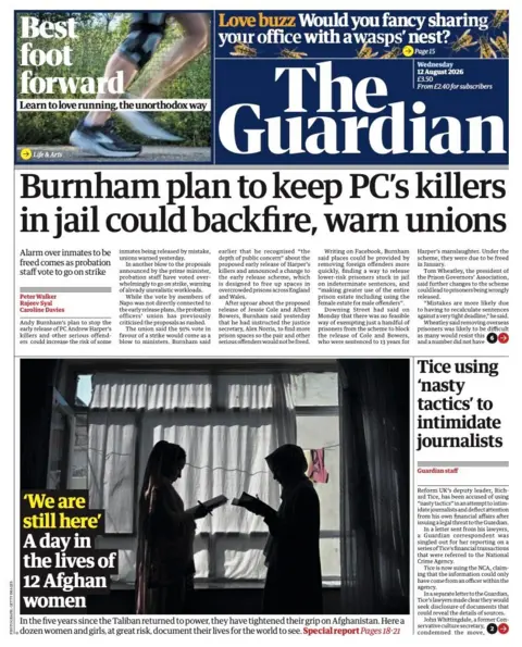 The headline on the front page of The Guardian reads: "Burnham plan to keep PC's killers in jail could backfire, warn unions."