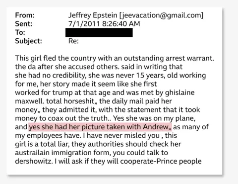 Image shows an email exchange released as part of the files, with a highlighted line reading: "yes she had her picture taken with Andrew".