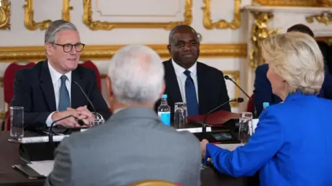 Prime Minister Sir Keir Starmer and Foreign Secretary David Lammy face European Commission President Ursula von der Leyen (right), and European Council President Antonio Costa during a meeting at the UK-EU Summit at Lancaster House, in central London. Picture date: Monday May 19, 2025. 