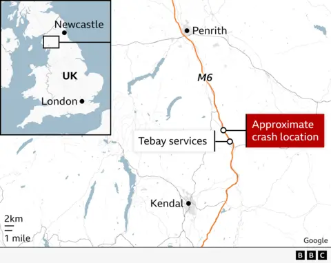 A map graphic showing the M6 stretching up between Kendal and Penrith and the approximate crash location, just above a label saying 