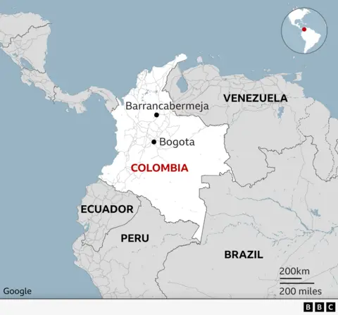 A map showing Colombia and the surrounding countries - Venezuela from the east, Brazil and Peru to the south and Ecuador to the southwest. Barrancabermeja has been marked to the north of the Colombian capital, Bogota.