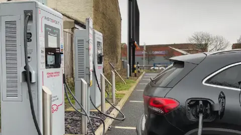 Two electric car charging points. A  black car is attached to one of them and is charging.