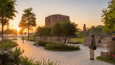 A computer generated image of a historic brick tower on a small hill. At the base of the tower is a paved area with beds cut out for plants and trees. Several figures are standing or seating in the area.