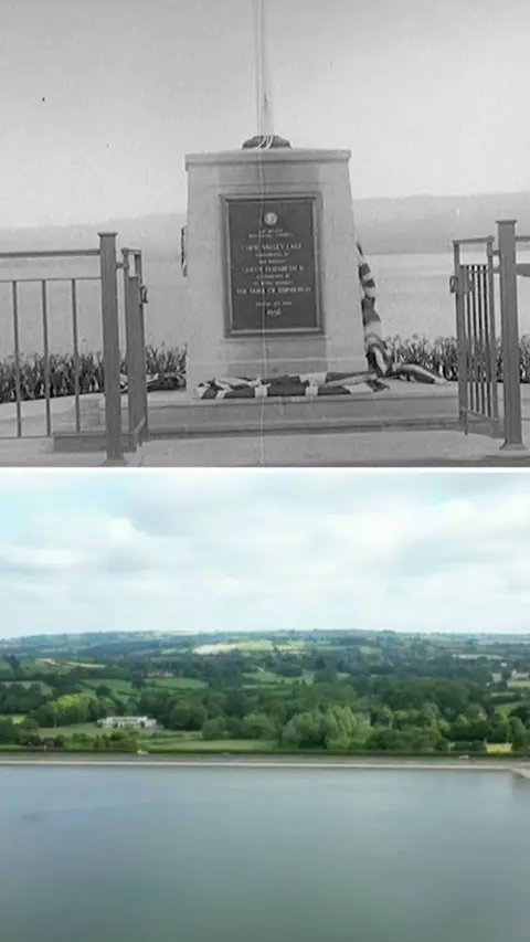 Two images, one above is in black and white and is of a plaque which has just been unveiled. The bottom is a colour image of the lake, with trees and green fiels in the background.