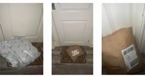 Evri Three individual pictures of parcels in front of white doors with the same red mat in front of them