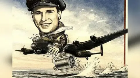 Gildings Auctioneers A cartoon illustration of an oversized Wing Cdr Guy Gibson in uniform dropping a bouncing bomb from atop a Lancaster bomber