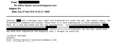 US Department of Justice A screengrab of an email from Jeffrey Epstein to a redacted recipient describing the events of a previous day.