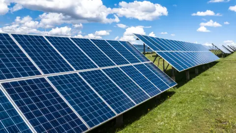 A row of solar panels in a grassy field
