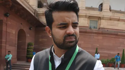 Getty Images Janata Dal (Secular) MP Prajwal Revanna attending the first budget session of the 17th Lok Sabha, at Parliament House, on June 26, 2019