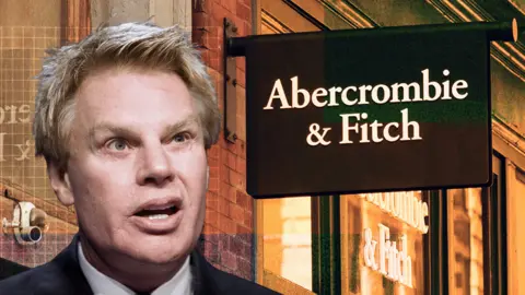 AP / Getty Images  A composite image featuring Mike Jeffries, a man with blond hair and wearing a suit, against a backdrop of a storefront with the Abercrombie & Fitch logo.