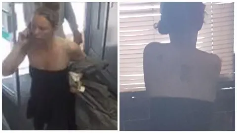 South Wales Police Charlene Hobbs in a CCTV image from a shop on her phone wearing a sleeveless black top, and in a photo from a property in Broadway, showing a distinctive dragon tattoo on her back